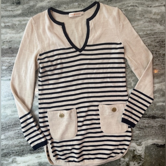 Tory Burch Sweaters - Tory Burch Merino Wool Cream and Navy Striped V-Neck Sweater